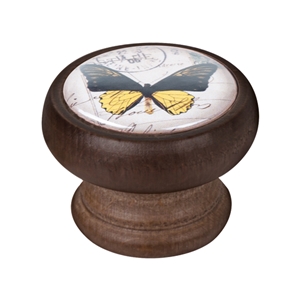 pomo mueble vintage madera tinte nogal mariposa amarilla 450ng39