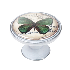 pomo mueble vintage plata con patina blanca mariposa verde 550pb40