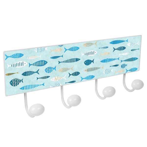 percha pared metal diseño peces retro nordico decoracion azul con 4 ganchos porcelana patere mur en metal blanc 4 boutons porcelaine poissons bleus