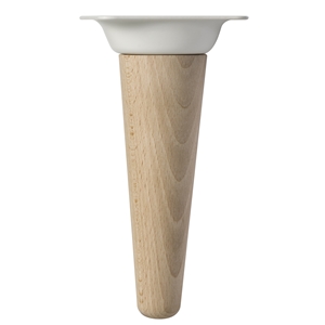 pied droit conique en bois de hetre hauteur 150mm brut plaque metallique blanche