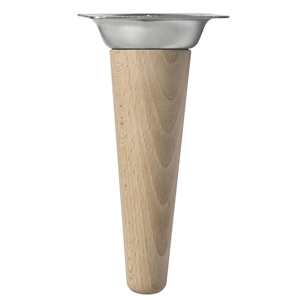 pied droit conique bois de hetre hauteur 150mm brut plaque metallique zinguee
