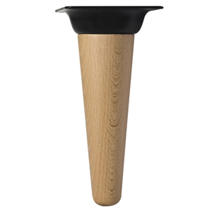 pied droit conique hetre hauteur 150mm verni plaque metallique noire
