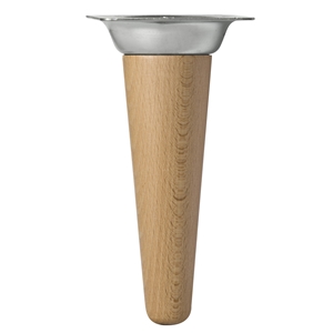 pied droit conique bois de hetre hauteur 150mm verni plaque metallique zinguee