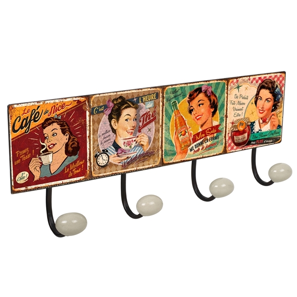 wandgarderobe metall design werbemotive retro vintage dekoration frau usa food pin up mit 4 haken porzellan  9063n37