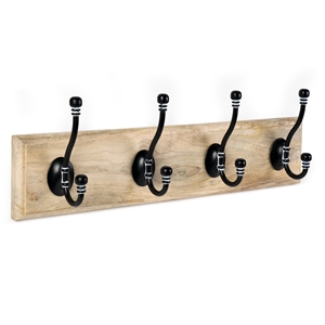portemanteau murale en bois de manguier naturel 4 crochets decape noirs