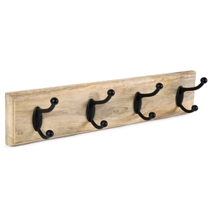 portemanteau murale en bois de manguier naturel 4 crochets noirs