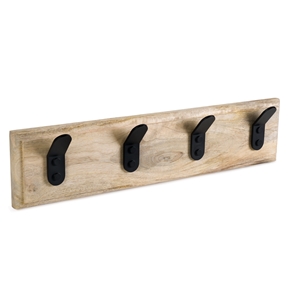 portemanteau murale en bois de manguier naturel avec 4 crochets noir